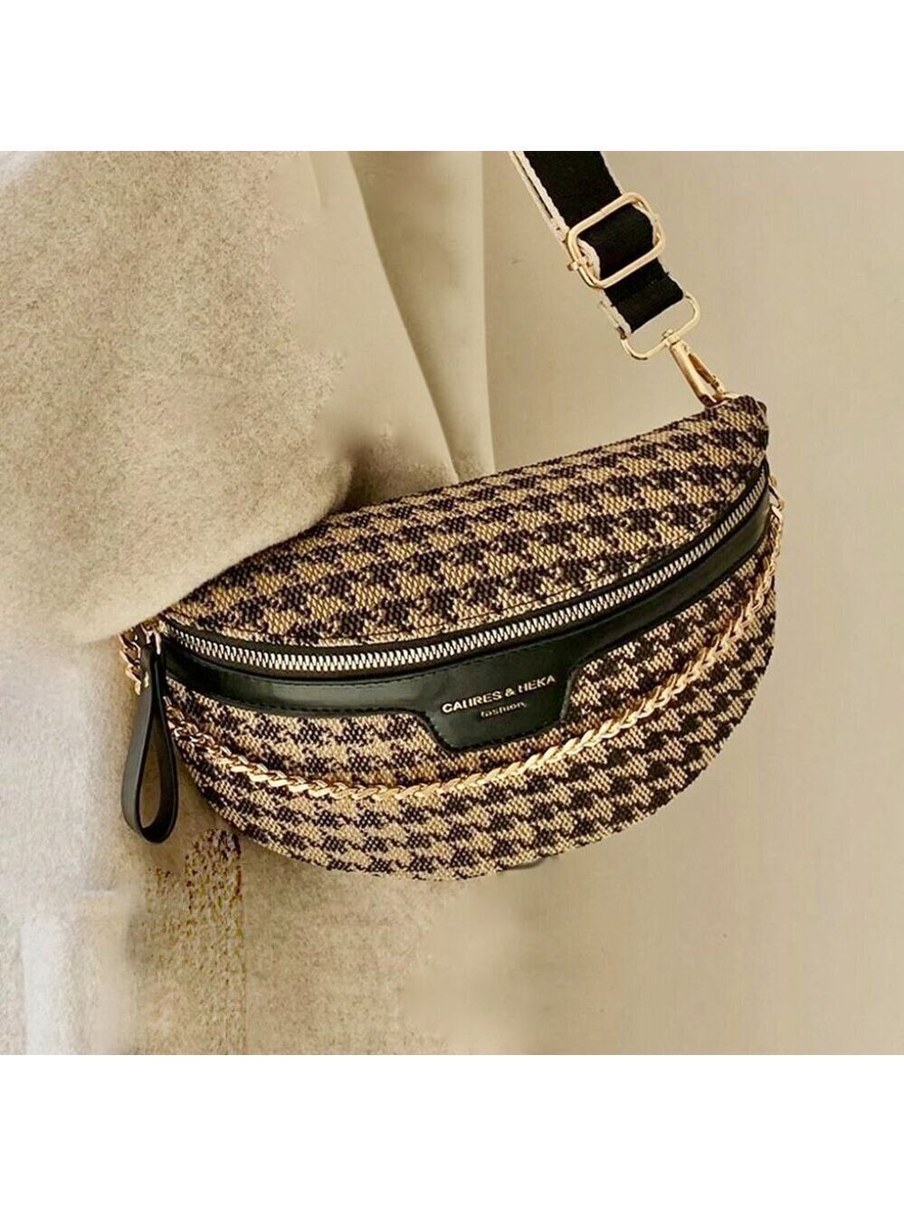 Cahres & Heka  Designer Crossbody Houndstooth Print Canvas Bag - Picture 7 of 14